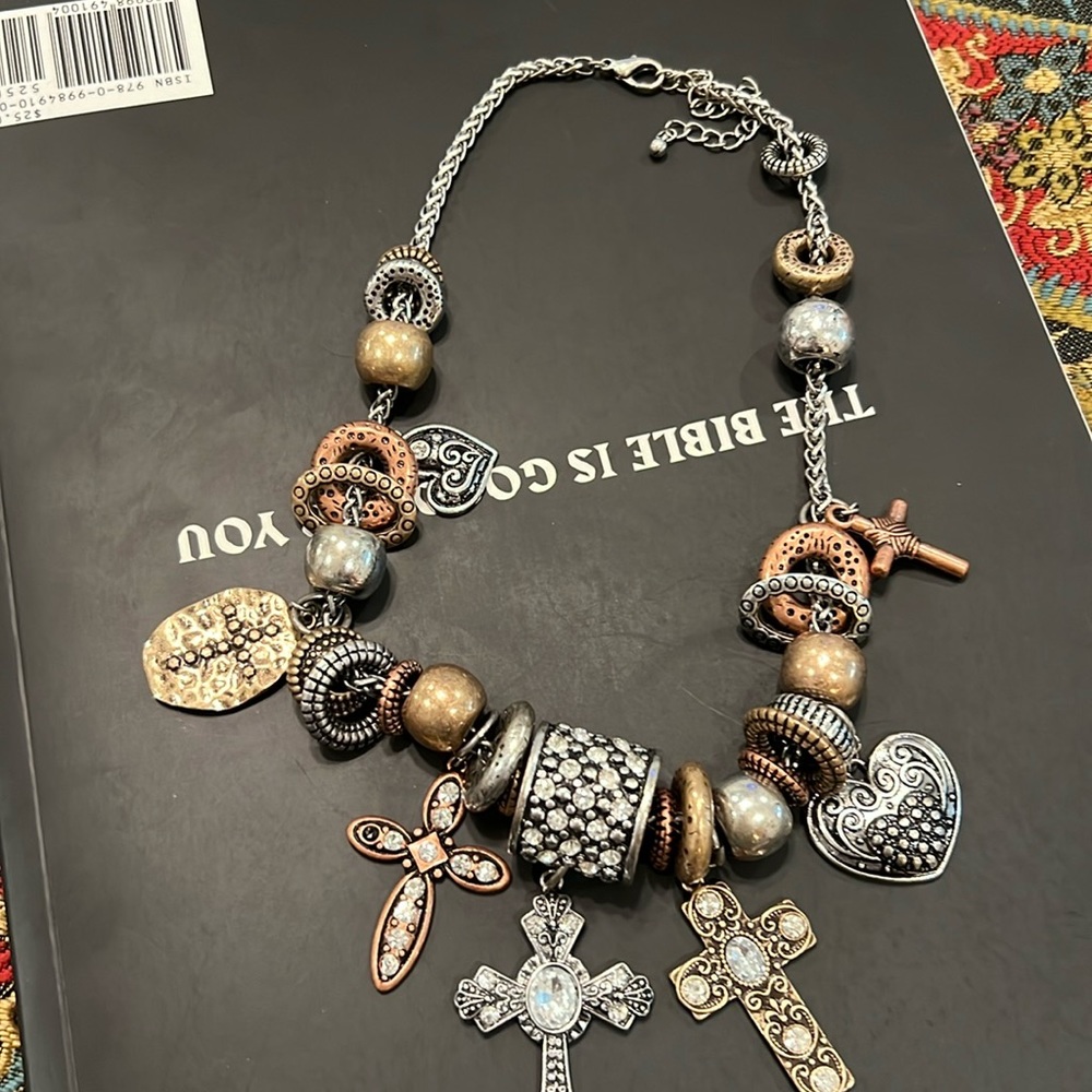 Black silver and bronze cross necklace